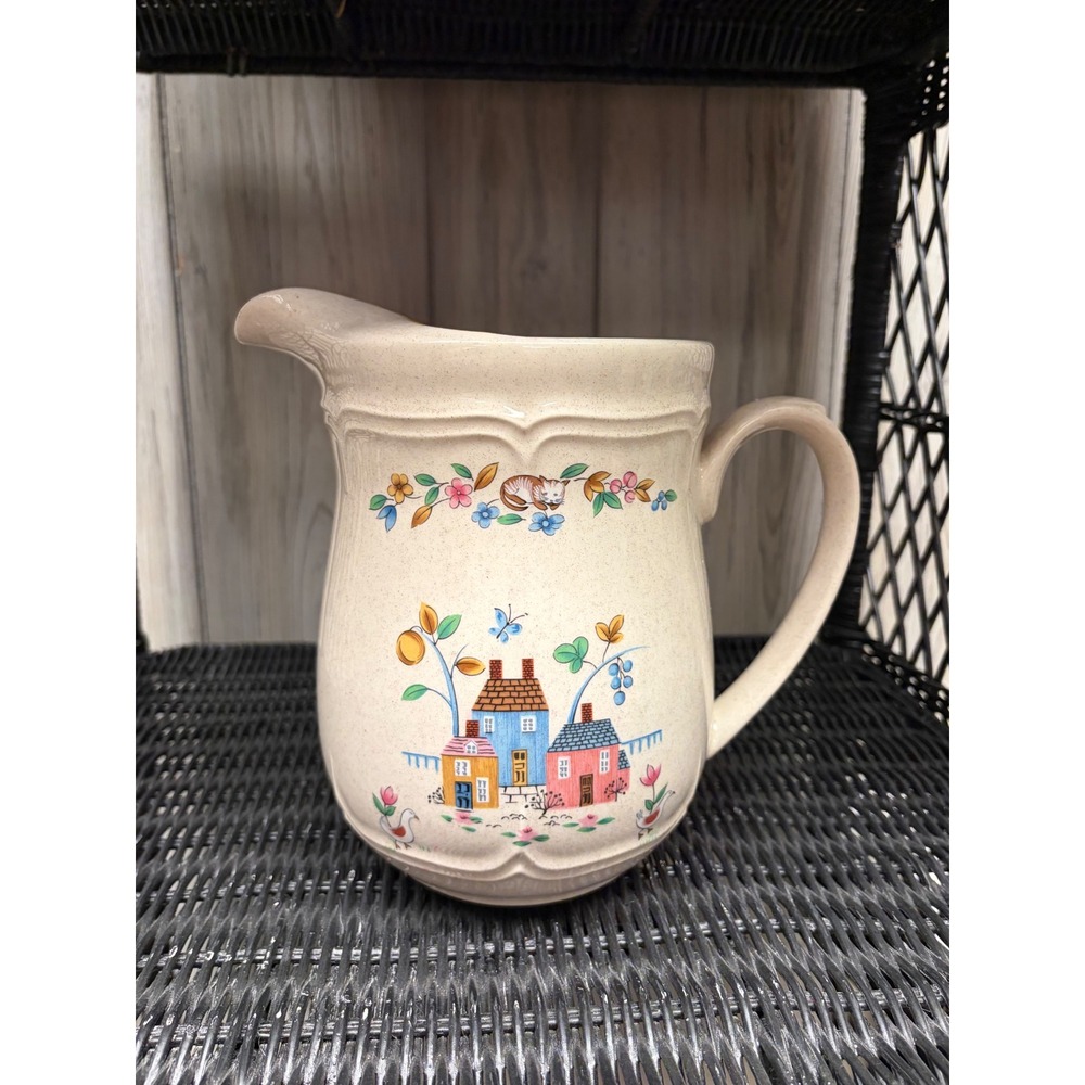 Vintage International Stoneware Pitcher Folk Art Village Cat Sheep Japan 7.25in